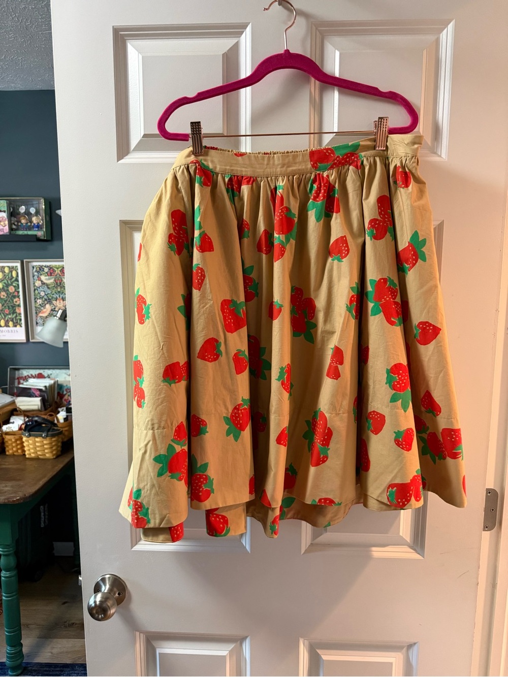 Maeve Tan Circle Skirt with Red Strawberry Print